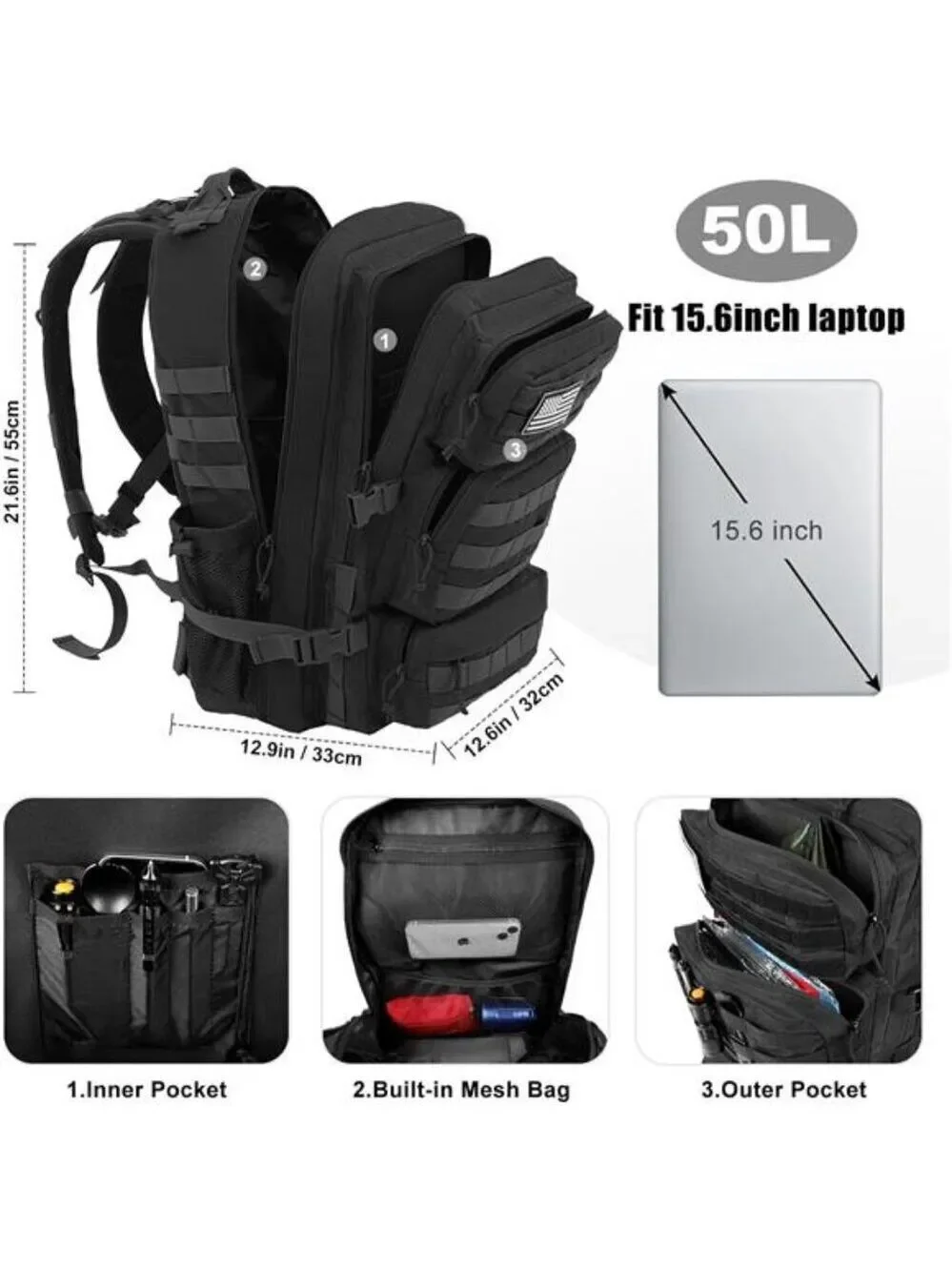 Tactical Military Backpack 50L Black Molle Hiking Bug Out Bag for Men Heavy Duty